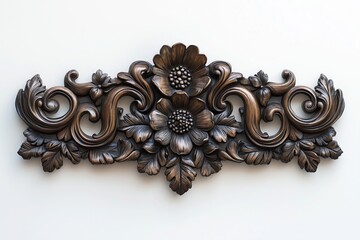 Ornate Floral Carving: A detailed and intricate carving of stylized flowers and leaves in a rich, dark wood finish.