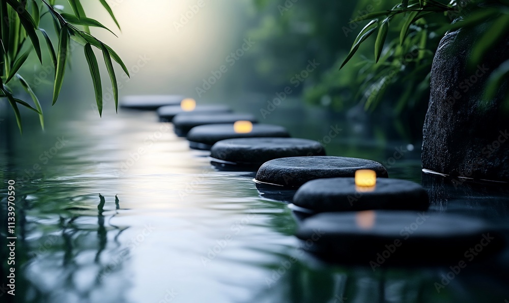 Aufkleber serene pathway of stones lit by candles in a tranquil water setting.