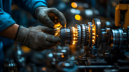A technician assembles intricate mechanical components in a dimly lit industrial setting.