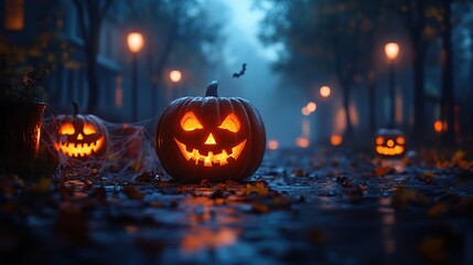 Obraz premium three carved pumpkins sitting on the ground in the dark