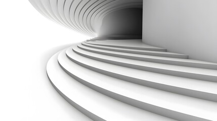 Abstract white spiral staircase leading to a dark entrance in a modern architectural design.