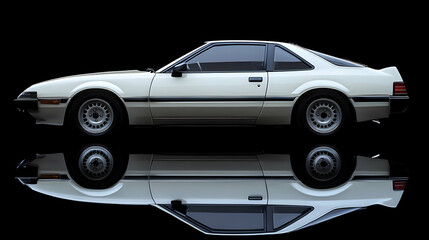 A sleek, vintage car showcased in profile against a dark background with a reflective surface.