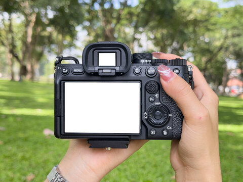 Female Hands photographer holding a digital camera taking pictures with empty screen display in park outdoor. - Powered by Adobe