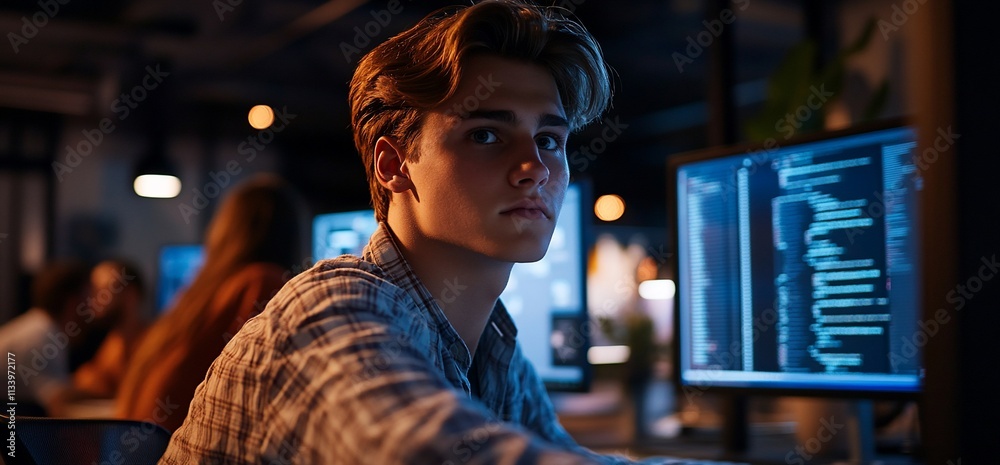 Aufkleber Young man working on coding in a dimly lit tech environment.