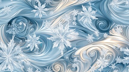 Elegant blue background with swirling patterns and intricate snowflake designs, creating a wintery, frosty aesthetic.