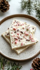 White chocolate bark topped with crushed peppermint on a decorative plate.