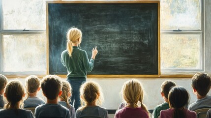 Obraz premium Young Teacher Standing Before Classroom Black Board Engaging Students with Educational Content Through Creative Teaching Techniques