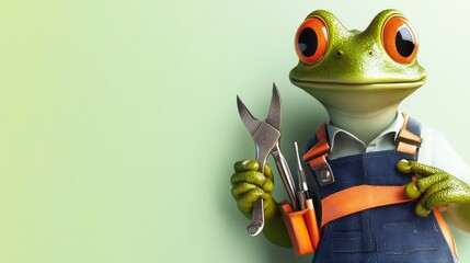 Obraz premium Industrious Frog in Work Attire with Pliers on Light Green Background
