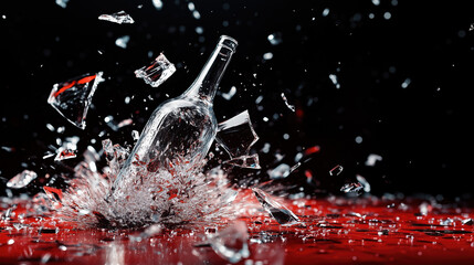 Dramatic Black Background High-Speed Shot of Wine Bottle Breaking into Fragments
