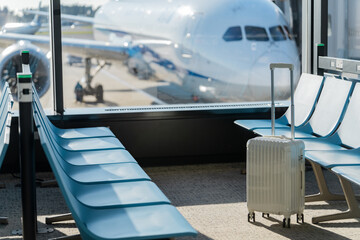 Fototapeta premium Travel, The suitcases in an empty airport hall, traveler cases in the departure airport terminal waiting for the area, vacation concept, blank space for text message or design, luggage for travel.