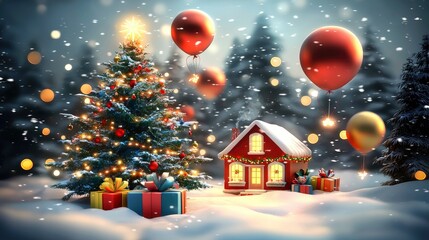 Obraz premium Magical Christmas Eve Snowfall, Christmas Tree, Gifts, and a Cozy Cottage