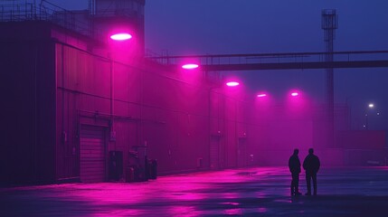 Pink-lit industrial scene at night, two figures stand in fog. Ideal for cyberpunk, dystopian, or atmospheric projects.