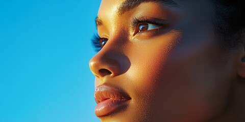 A woman with a tan face and blue eyes is looking out at the blue sky
