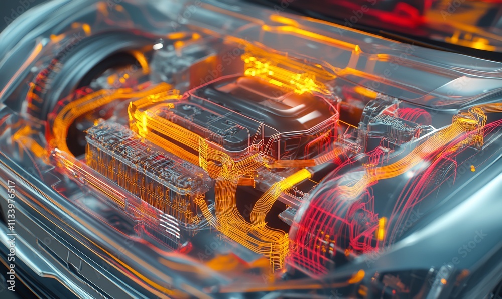 Poster A detailed, illuminated rendering of a car's internal engine components.