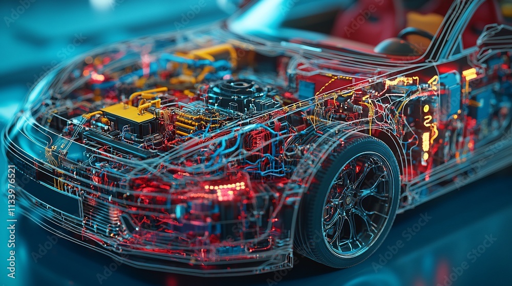 Poster a detailed cross-section of a futuristic car showcasing its inner mechanics.