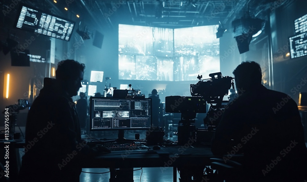 Poster a dimly lit studio with crew members operating cameras and screens.