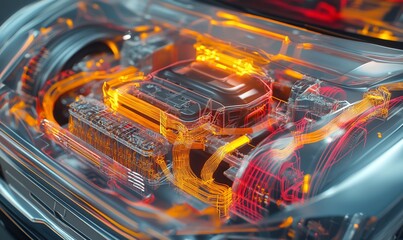 A detailed, illuminated rendering of a car's internal engine components.