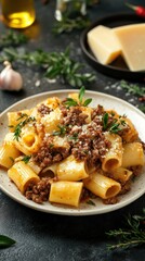 A plate of rigatoni pasta topped with meat sauce and herbs, garnished with cheese.