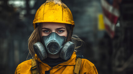 A woman adorned in a vibrant yellow helmet and protective gas mask stands confidently in a hazardous work environment. Her sturdy attire hints at the dangerous nature of her surroundings. 