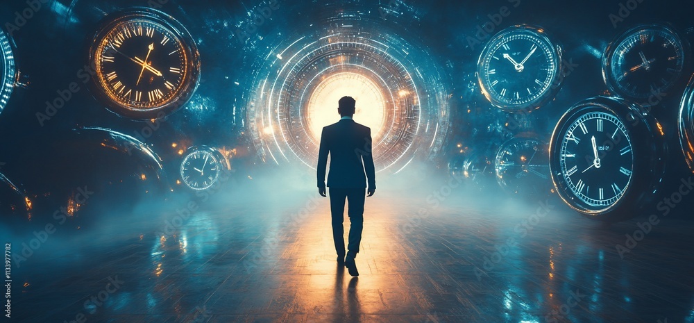 Poster a figure walks towards a glowing portal surrounded by clocks, symbolizing time.