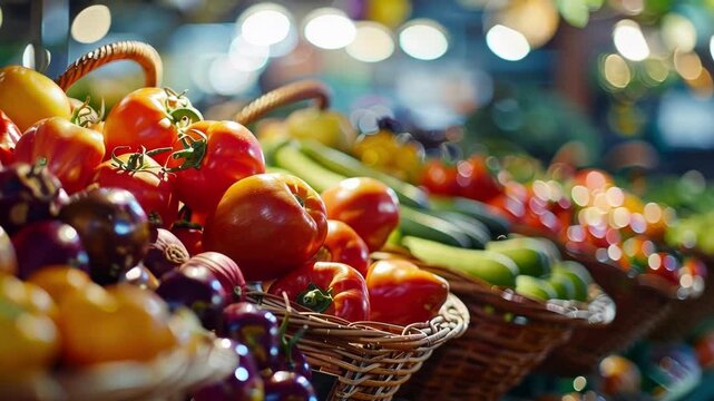 Unclear view of baskets filled with vibrant produce in an indoor farmers market.