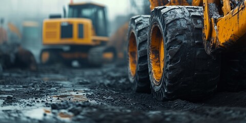 Muddy wet construction or Mining site  with heavy machinery working