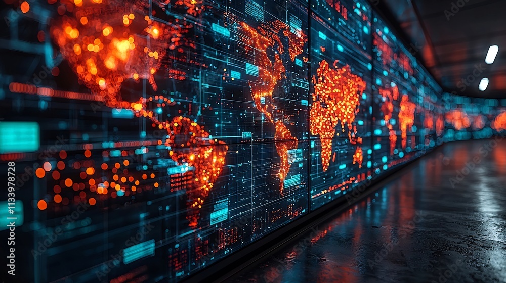 Poster futuristic high tech control room displaying global network and communication data