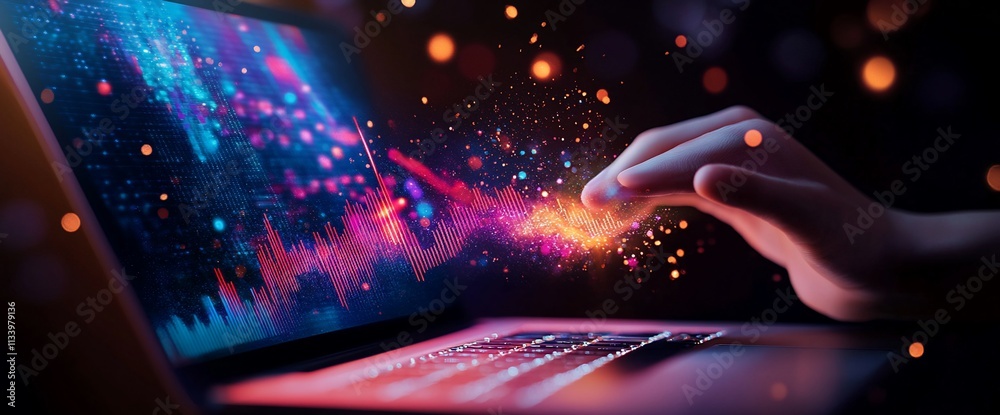 Aufkleber A hand interacts with a laptop displaying colorful sound wave graphics.