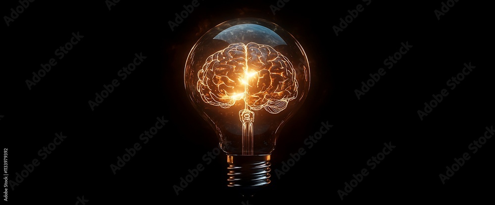 Poster a light bulb with a glowing brain, symbolizing ideas and creativity.