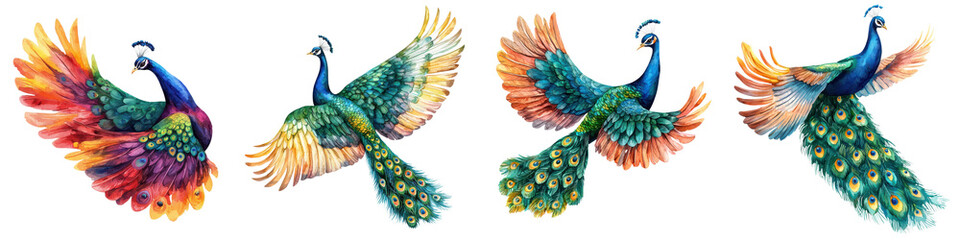 Fototapeta premium Vibrant Colorful Peacocks Spreading Their Stunning Ornate Feathers and Tails in Majestic Flight This Captivating Showcases the Ethereal Beauty and Grace of These Magnificent Birds