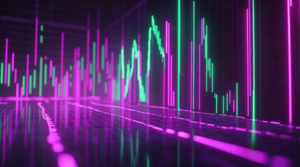 A futuristic glowing chart with neon purple candlesticks and bright neon green trend lines.
