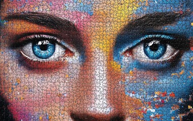 A bold and vibrant puzzle art image of a face with blue eyes, where each colorful piece represents a unique emotion or aspect of human experience