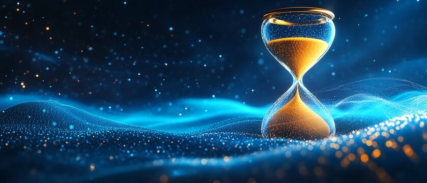 A concept art hourglass with minimalist golden frames, vibrant blue background, and flowing sand as a metaphor for time tracking