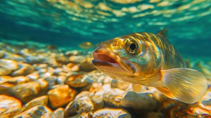 Naklejka premium Underwater Close-Up of a Fish Swimming Through Clear Water Over a Bed of Pebbles and Stones, Showcasing the Beauty of Aquatic Life and Natural Habitat