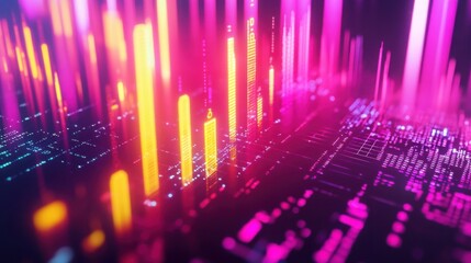 A futuristic neon yellow and pink candlestick chart for 2025, surrounded by glowing data points.