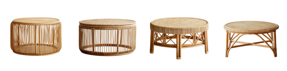 Assortment of rattan furniture including round coffee table side tables and ottomans in natural tones for a cozy modern and tropical interior design aesthetic