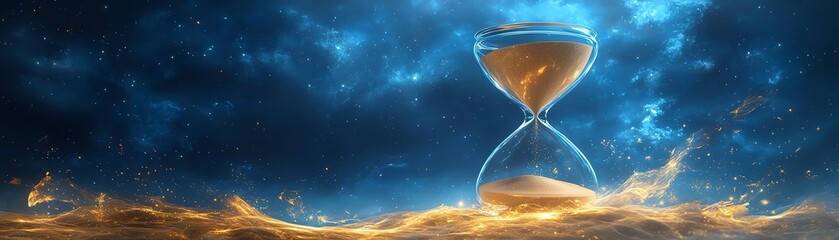 A creative depiction of time with an hourglass at the center, sand swirling in golden tones, against a deep blue horizon