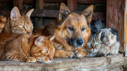 Multiple pets including a rabbit, dog, and cat in a cozy home.