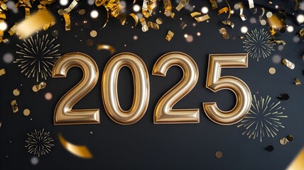 Elegant black and gold Happy New Year 2025 designs with fireworks and confetti.