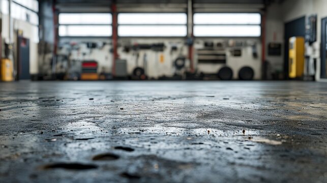 Rough, dark garage floor texture; blurred workshop background. Illustrates a worn industrial setting, ideal for mechanics, repairs, or automotive themes.