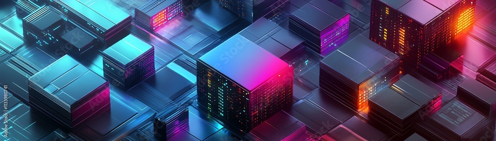 Poster a digital abstraction of a data center with glowing servers and colorful cloud tech designs, emphasi