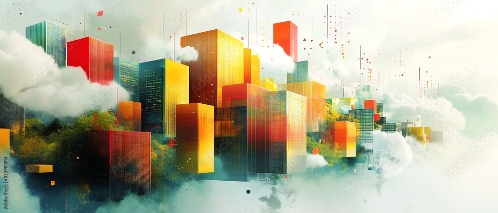 Poster a digital data center landscape with vivid servers, cloud technology patterns, and abstract design e