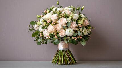 Fototapeta premium Elegant Bouquet of Soft Pink and White Roses with Fresh Greenery for Weddings, Events, and Decorative Arrangements in a Neutral Setting