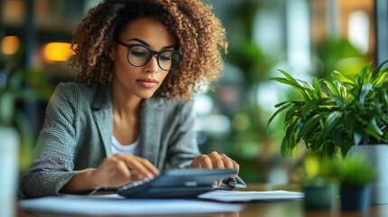 Focused businesswoman using calculator in modern office, surrounded by plants.