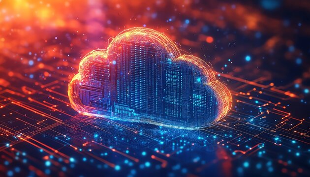 A futuristic data center illustration with rows of servers, vibrant abstract cloud technology elements, representing digital connectivity and information storage