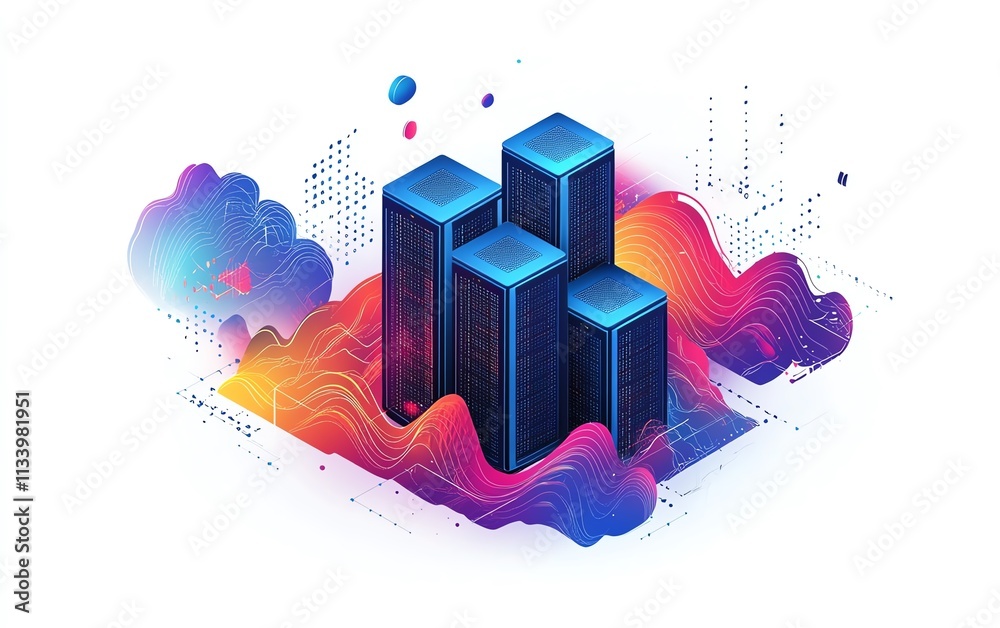 Poster a hightech data center illustration with servers and dynamic cloud patterns, enhanced with vibrant c