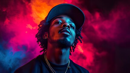 Stylish Hip Hop Artist Portrait in Vibrant Neon Light