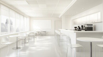 Bright and airy office canteen in a corporate space, featuring clean white walls, neutral decor, and a variety of seating options