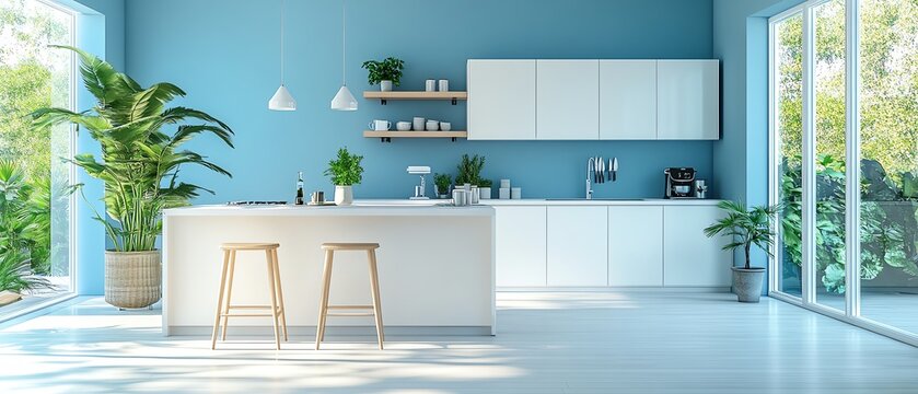 A modern, airy kitchen in soft blue tones, featuring contemporary furniture, decorative plants, and innovative kitchen utensils, perfect for a creative home