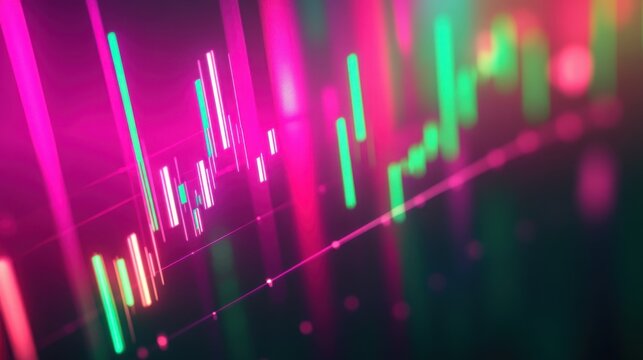 A vibrant pink and green neon candlestick graph for 2025, with bright lines intersecting a glowing background.